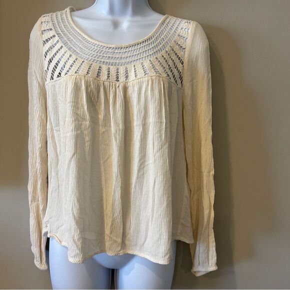 Aeropostale Cream Crochet Gauze Long Sleeve Crew Neck Boho Blouse Medium - Picture 1 of 7